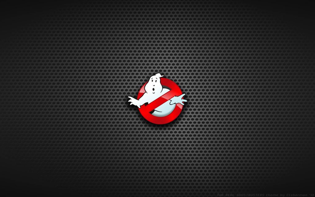 Ghostbusters wallpaper with iconic logo ghost in red circle on dark metallic mesh background