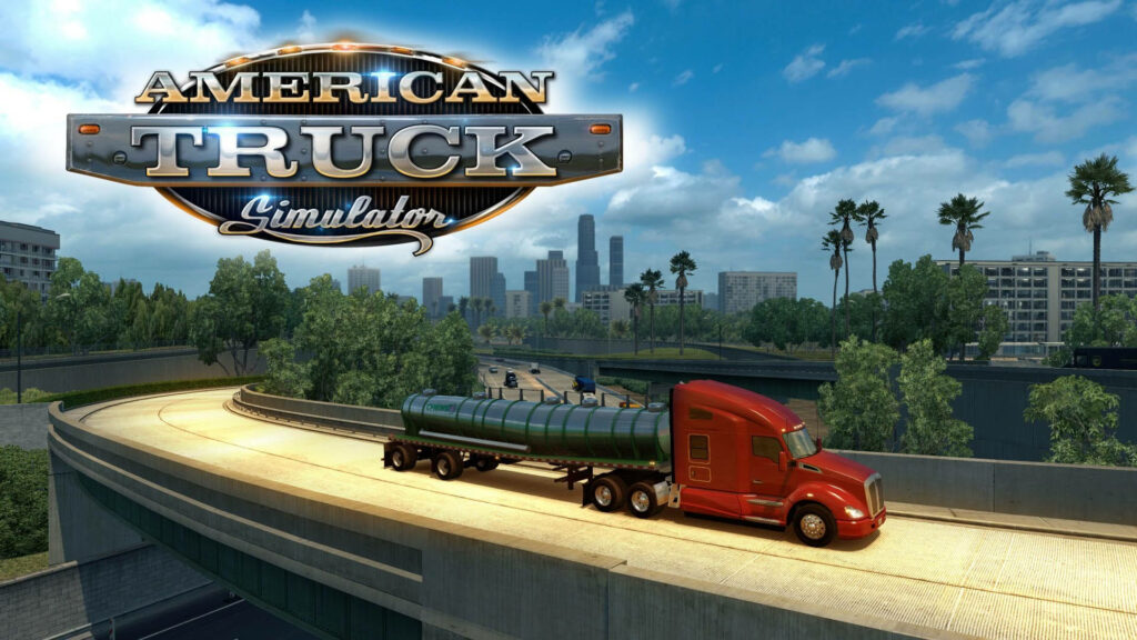 Red big rig truck hauling tanker trailer on sunny highway with urban skyline and palm trees Wallpaper
