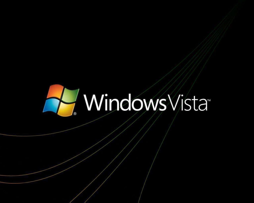 Windows Vista wallpaper with colorful logo on black background and sleek retro curved design