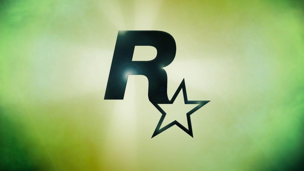 Rockstar Games logo wallpaper with black R emblem on glowing green gradient minimalist background