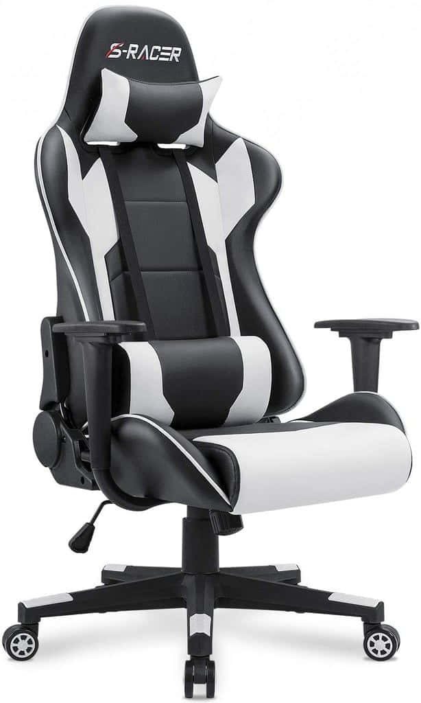 Sleek S-Racer black and white ergonomic gaming chair with lumbar and headrest support wallpaper