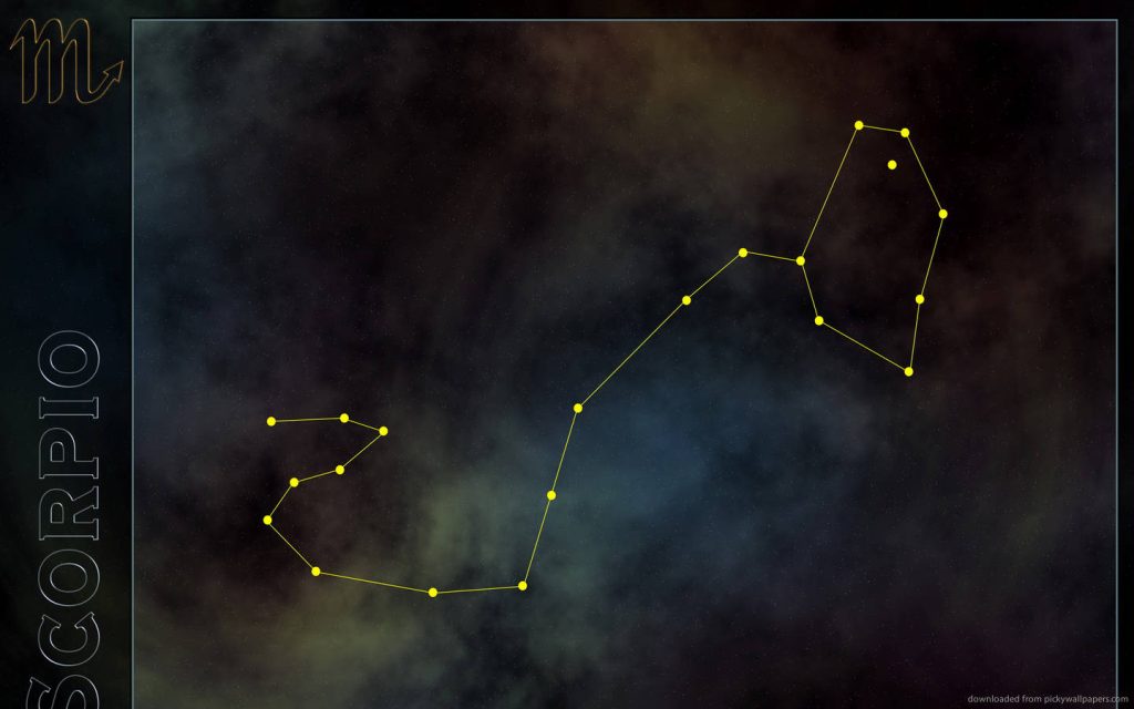 Scorpio constellation wallpaper with bright yellow stars on dark cosmic nebula background zodiac sign