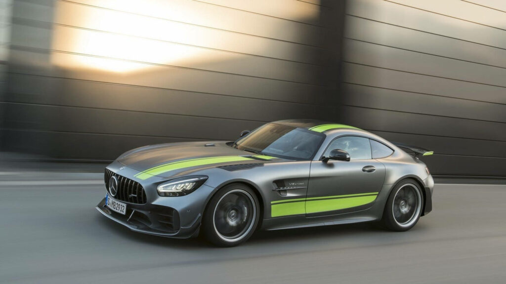 Sleek Selenite Grey Mercedes-AMG GT R Pro Wallpaper with Green Accents