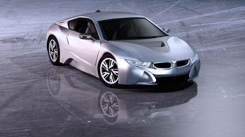 Sleek silver 3D car on reflective floor showcasing modern futuristic design wallpaper background