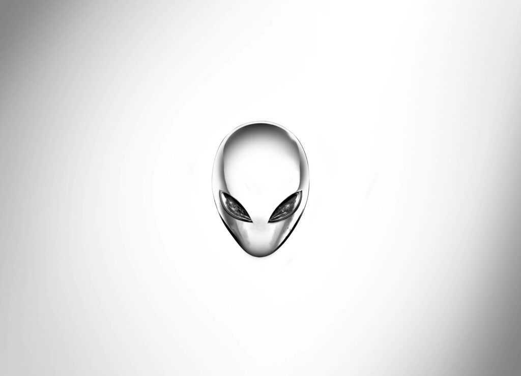 Silver Alienware logo on white background representing advanced technology and gaming power Wallpaper