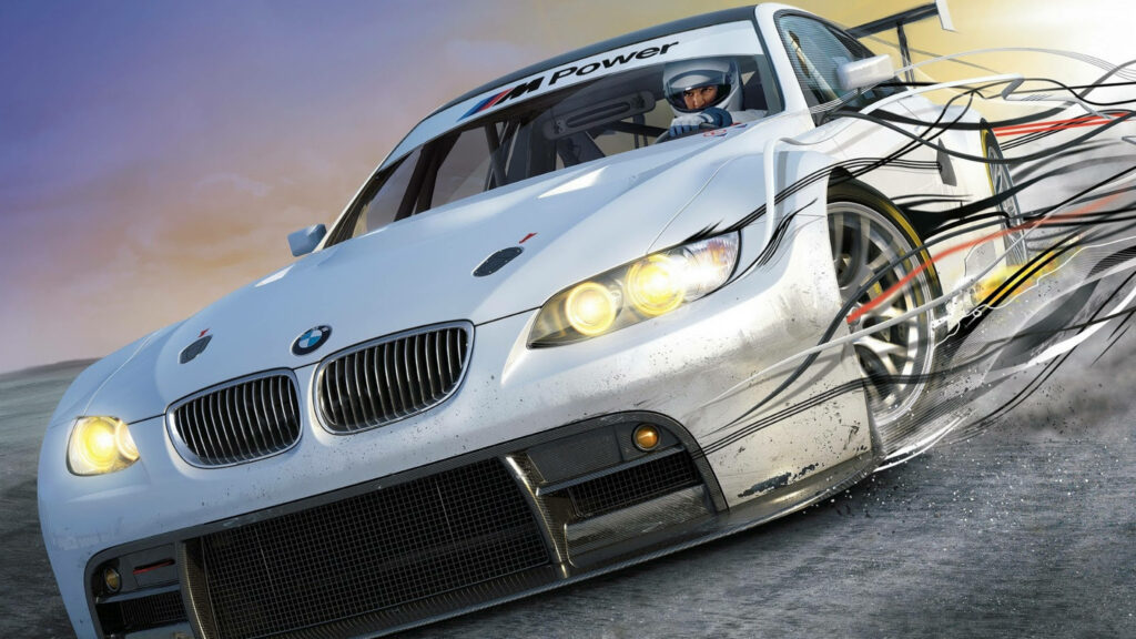 Silver BMW drifting on racetrack with motion blur and speed streaks dynamic wallpaper background