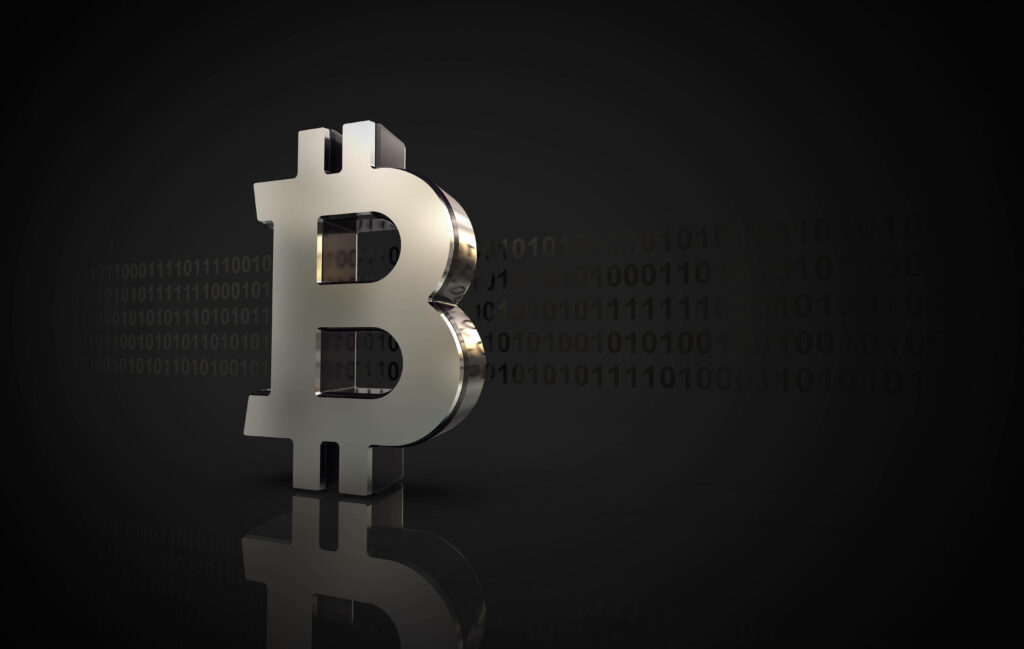 Silver Bitcoin logo on dark binary code background modern cryptocurrency wallpaper design