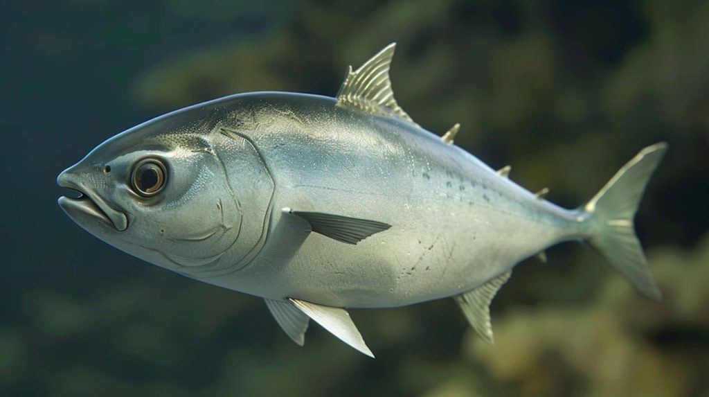 Sleek silver fish gliding in deep muted waters high-resolution minimalist underwater wallpaper