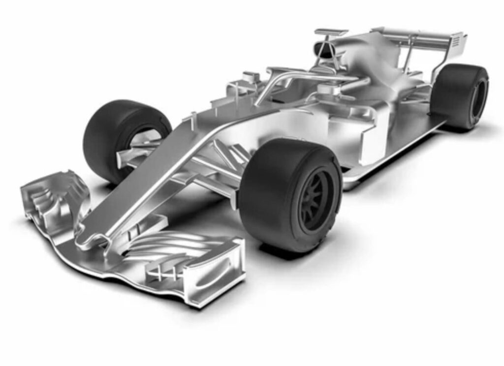 High gloss silver Formula 1 car 4k wallpaper showcasing aerodynamic design on white background