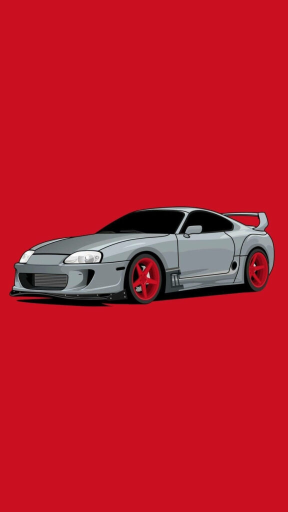 Sleek silver JDM sports car with red wheels on bold red background automotive wallpaper