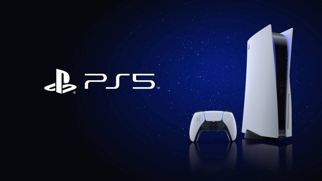 Sony PS5 console and white DualSense controller on deep blue starry gaming wallpaper background