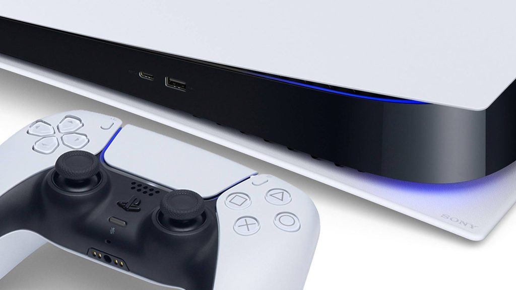 Sony PS5 wallpaper featuring white console and DualSense controller with blue LED lighting