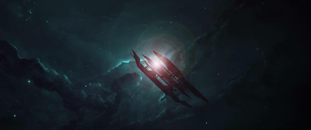 Sleek Spaceship in Ethereal Cosmic Dust - Wallpaper Background