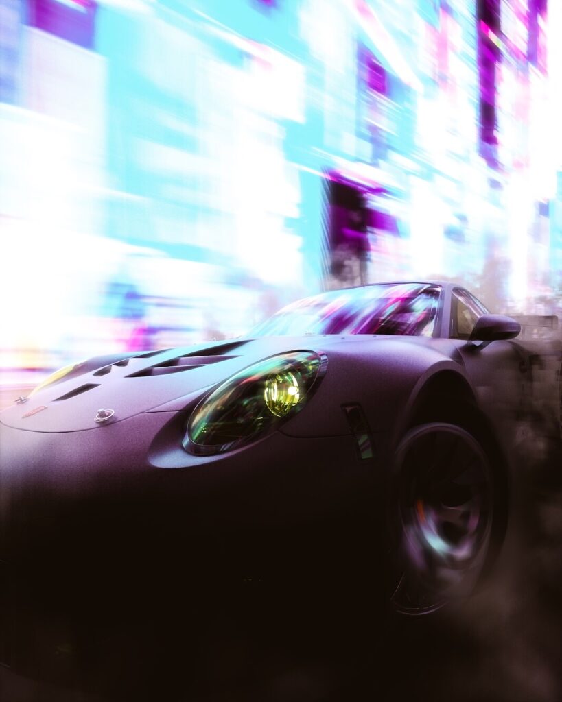 Sleek Sports Car Racing in Futuristic Neon Cityscape Wallpaper