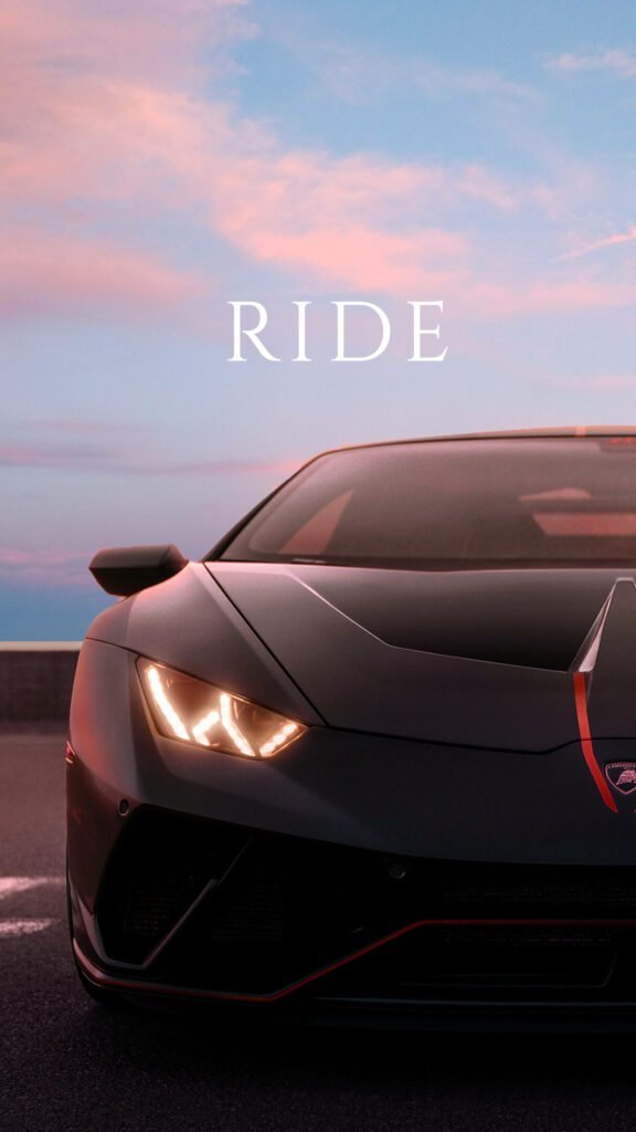 Sleek sports car parked under pink sunset sky with RIDE text 4k iPhone wallpaper background