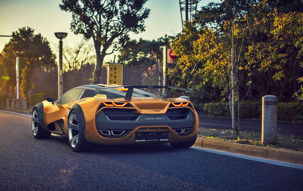 Modern Sports Car Rear View Wallpaper Against Serene Sunset Background