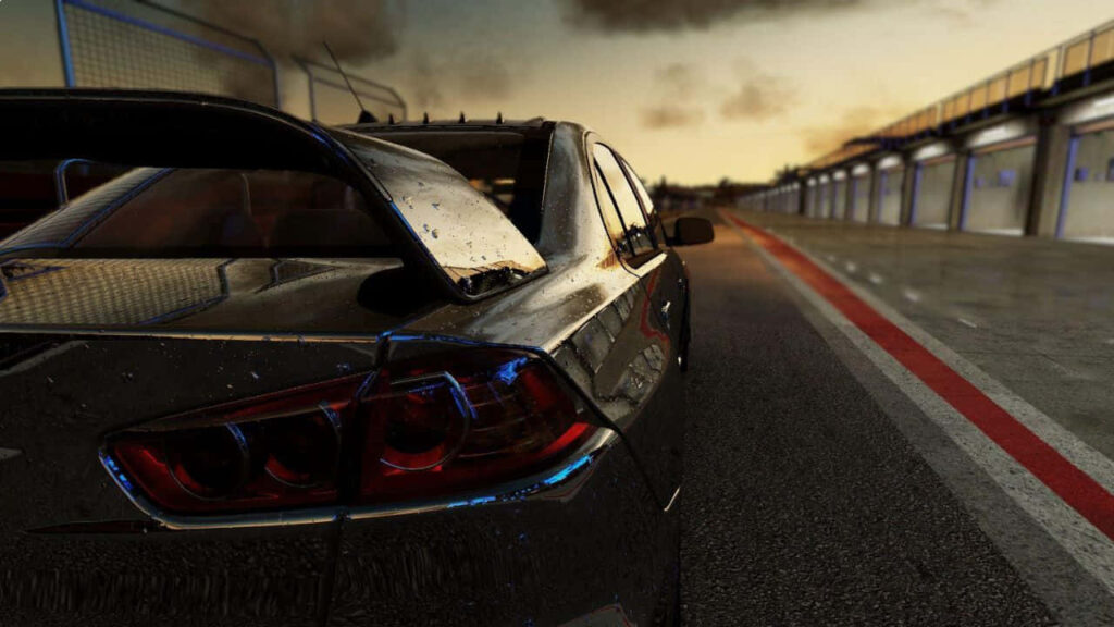 Sleek sports car with raindrops parked by red pit lane line at racetrack sunset wallpaper background