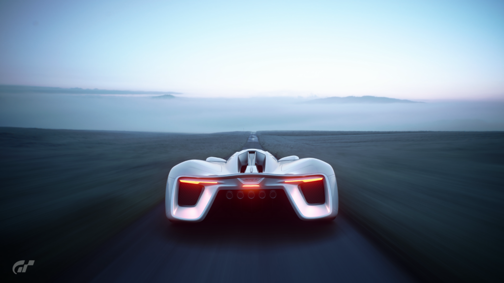 Rear View Supercar Wallpaper: Aerodynamic Design with Misty Mountains