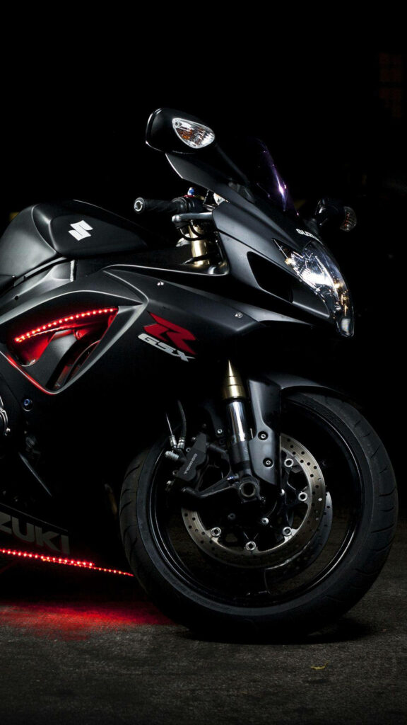 Sleek and Stylish: Suzuki GSX-R600 Sports Bike Illuminated by Bold Red LEDs for a Striking iPhone Wallpaper