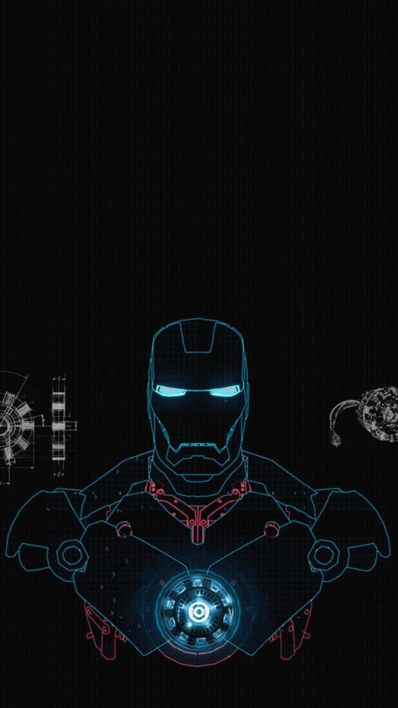 Futuristic Tony Stark Wallpaper: Iron Man Blueprint with Neon Highlights
