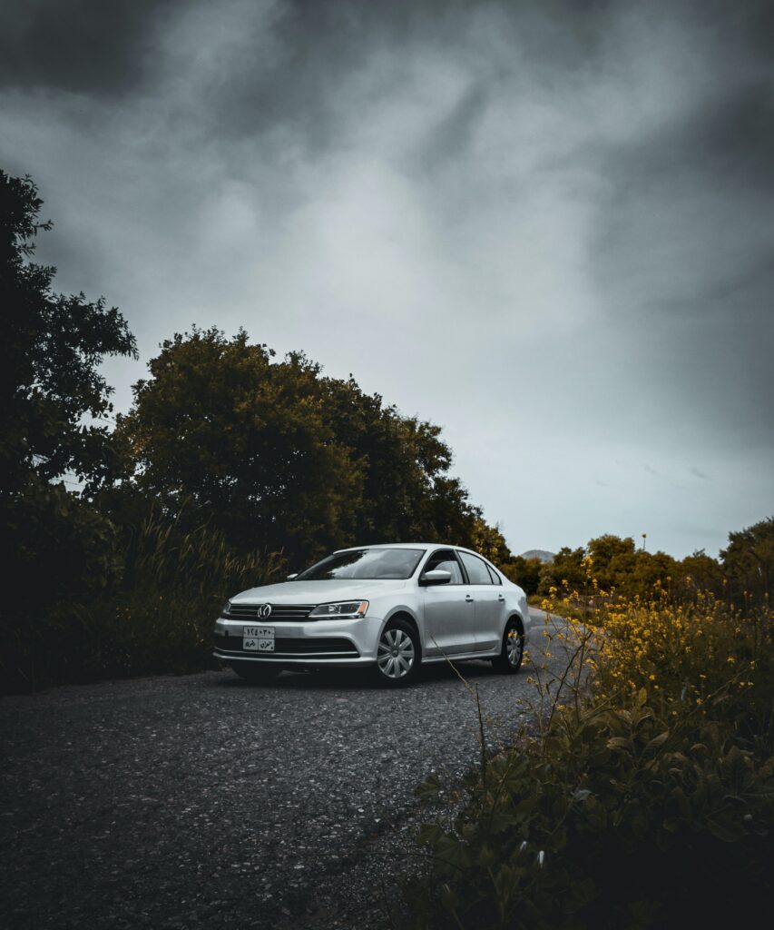 Monochrome Volkswagen at Peaceful Roadside - Gray Wallpaper Background