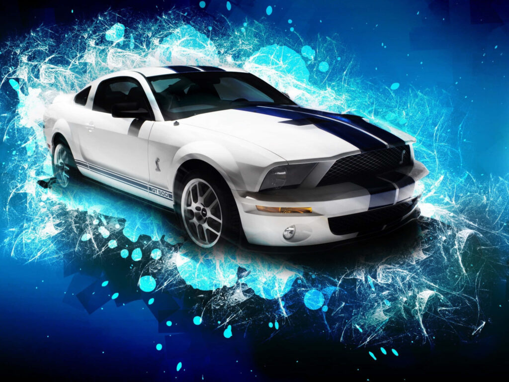 Sleek White Car with Blue Racing Stripes on Dynamic Background Wallpaper