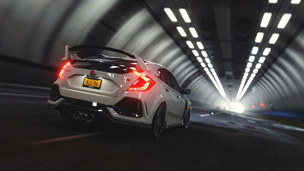 Sleek white Honda Civic racing through modern tunnel glowing taillights 4K wallpaper background