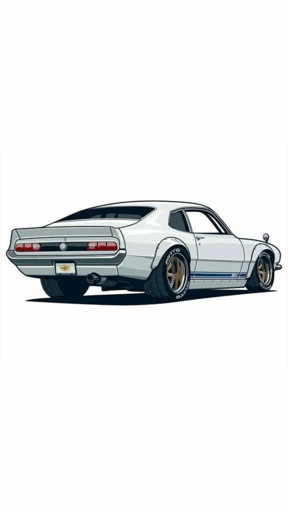 White JDM car rear view with wide tires and stylish rims on minimal white wallpaper background