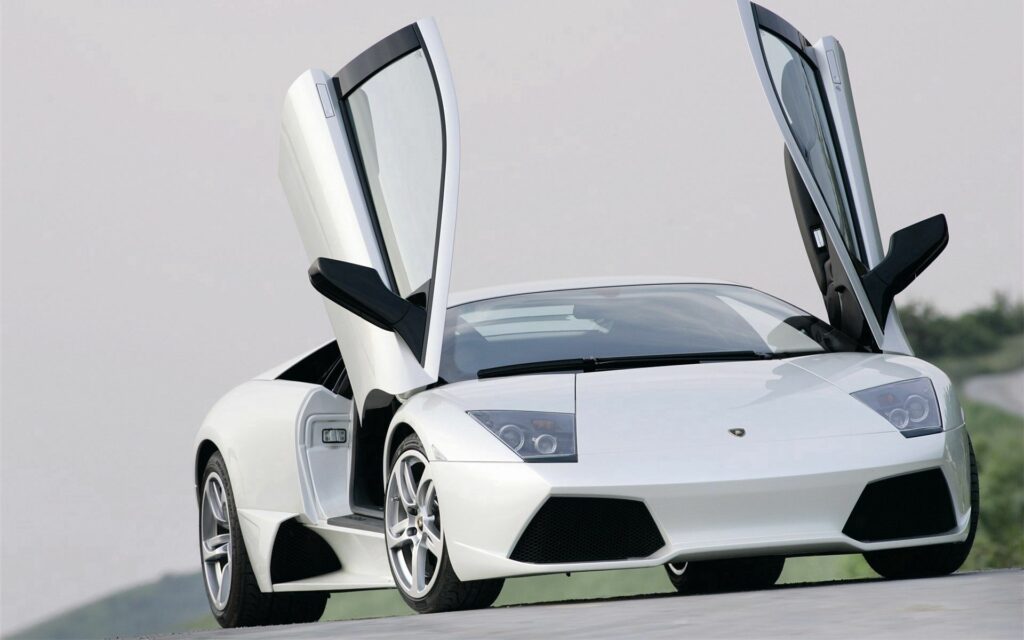 Sleek White Lamborghini with Scissor Doors - Minimalist Background Wallpaper