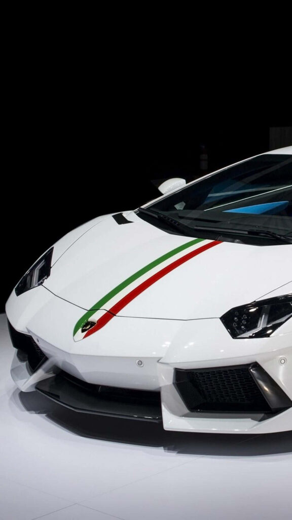 White Lamborghini with red green racing stripe on dark background luxury car wallpaper design