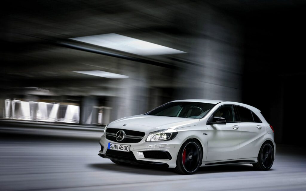 Sleek White Mercedes-Benz A45 AMG: Sporty Side View Wallpaper