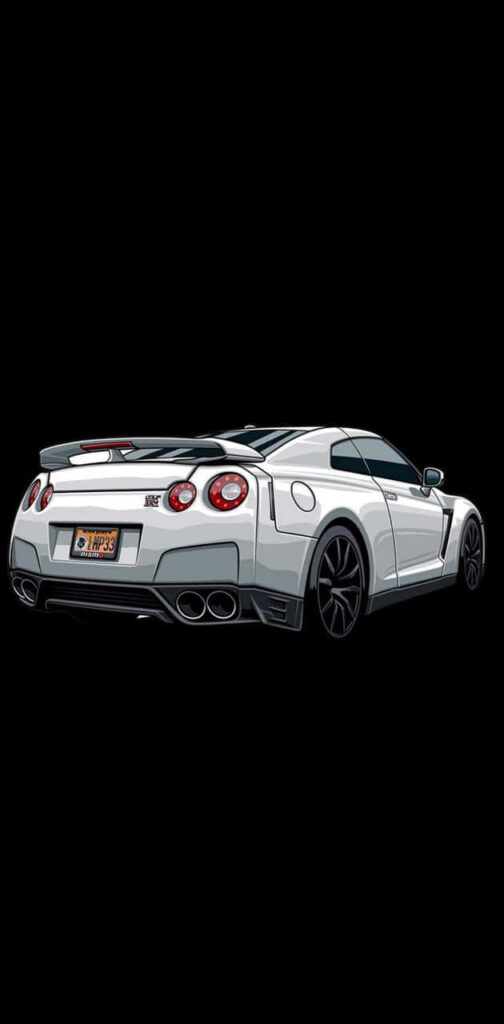 Animated white Nissan R35 GTR rear view on black background showcasing sporty aggressive stance Wallpaper