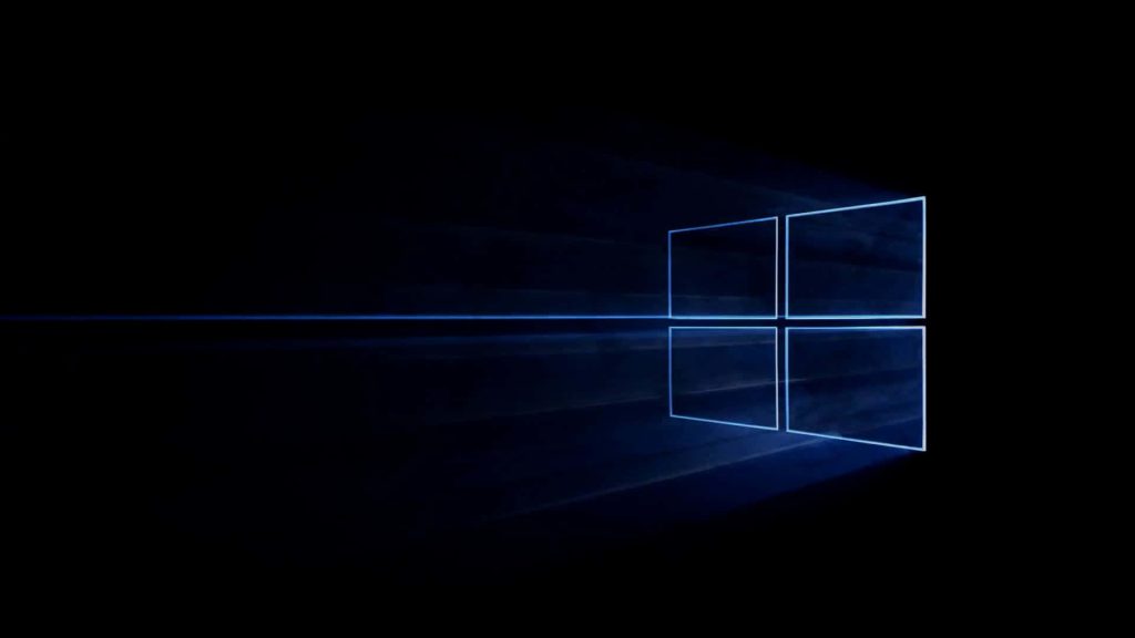 Windows 10 wallpaper glowing blue logo with volumetric light rays on black background minimalist