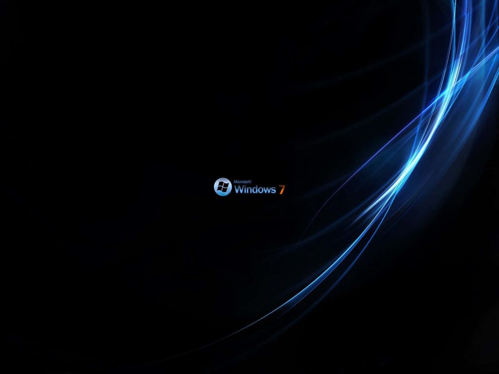 Windows 7 HD wallpaper with Microsoft logo and glowing blue light curves on black background