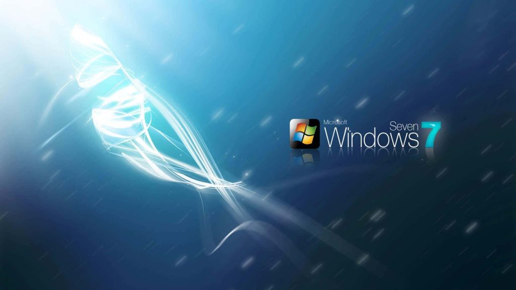Windows 7 wallpaper with glowing white light streaks on deep blue abstract background and logo