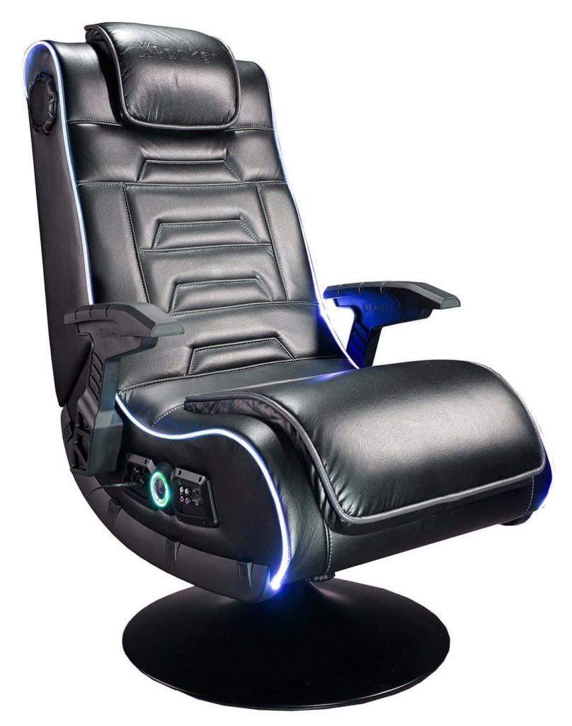 Sleek black leather X-Rocker gaming chair with speakers and blue LED lights on pedestal base wallpaper