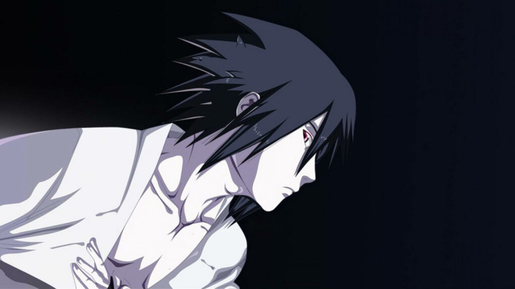 Sasuke Uchiha 4K anime wallpaper with red Sharingan sharp lines white robe black background background