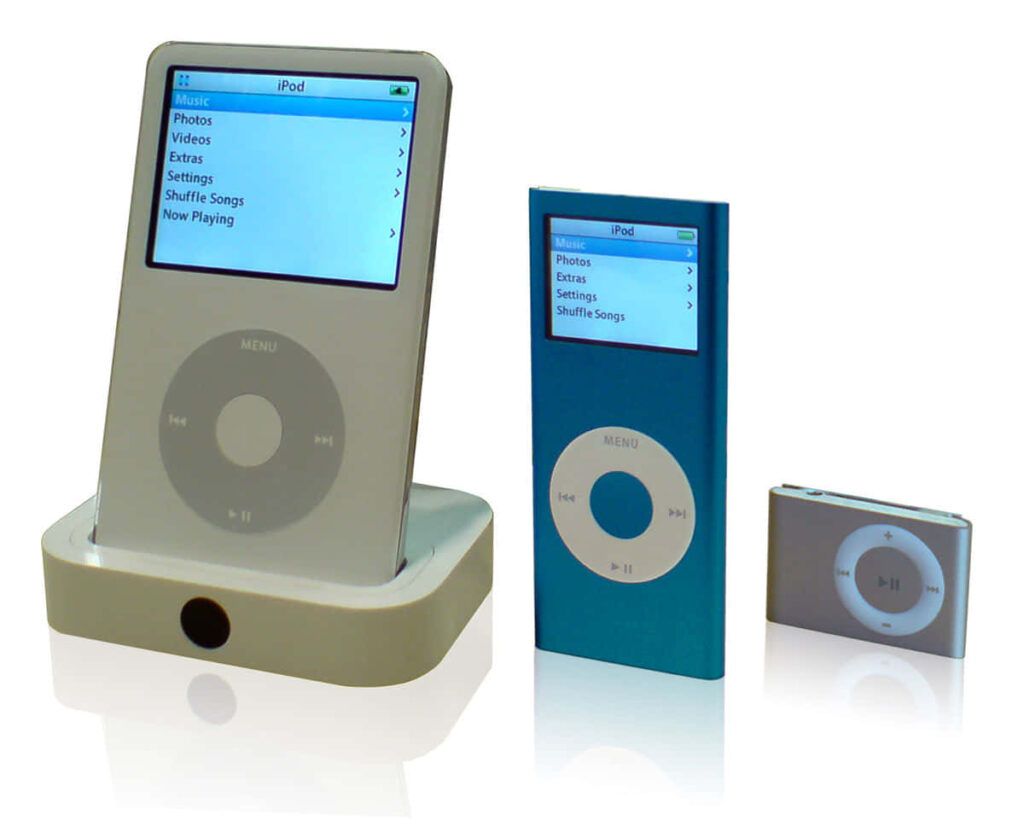 Iconic iPod Models Display: Vibrant Blue & Classic Designs Wallpaper