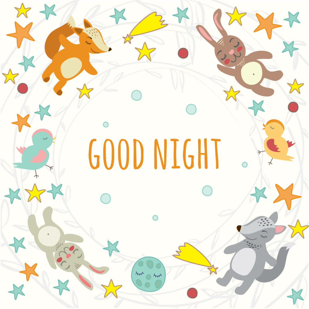 Good Night wallpaper with sleeping fox rabbits bird colorful stars and smiling moon for nursery