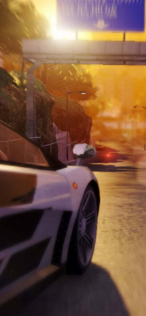 Wei driving a sleek sports car at high speed through sunlit urban streets in Sleeping Dogs Wallpaper