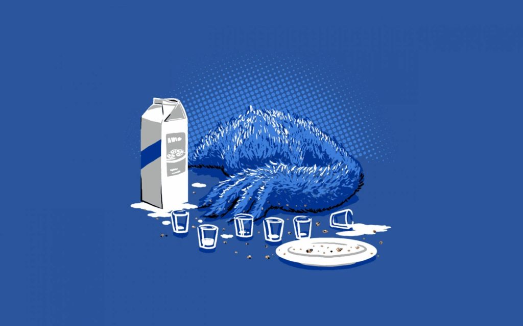 Minimalist Cookie Monster cartoon asleep with cookie crumbs milk and empty glasses background Wallpaper