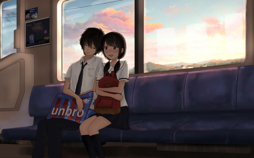 Enchanting Train Journey: Adorable Anime Pair Embrace Love and Comfort Amidst Travels Wallpaper