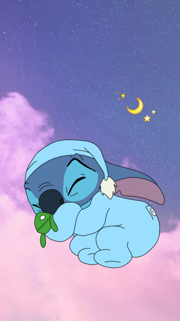 Cute Sleeping Stitch: Dreaming Under Moonlit Clouds Wallpaper