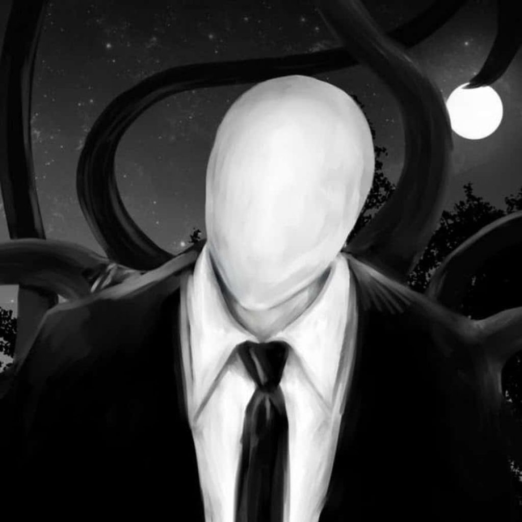 Slender Man digital art wallpaper dark suit blank face moonlit night eerie twisted branches background