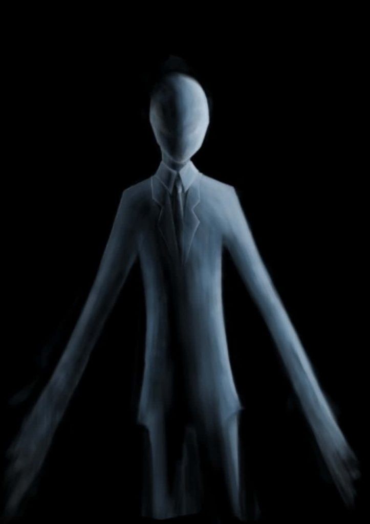 Slender Man digital art wallpaper dark horror theme pale faceless figure black background