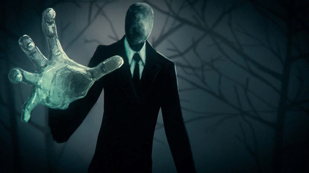 Slender Man in black suit reaches out in dark misty forest supernatural horror wallpaper background