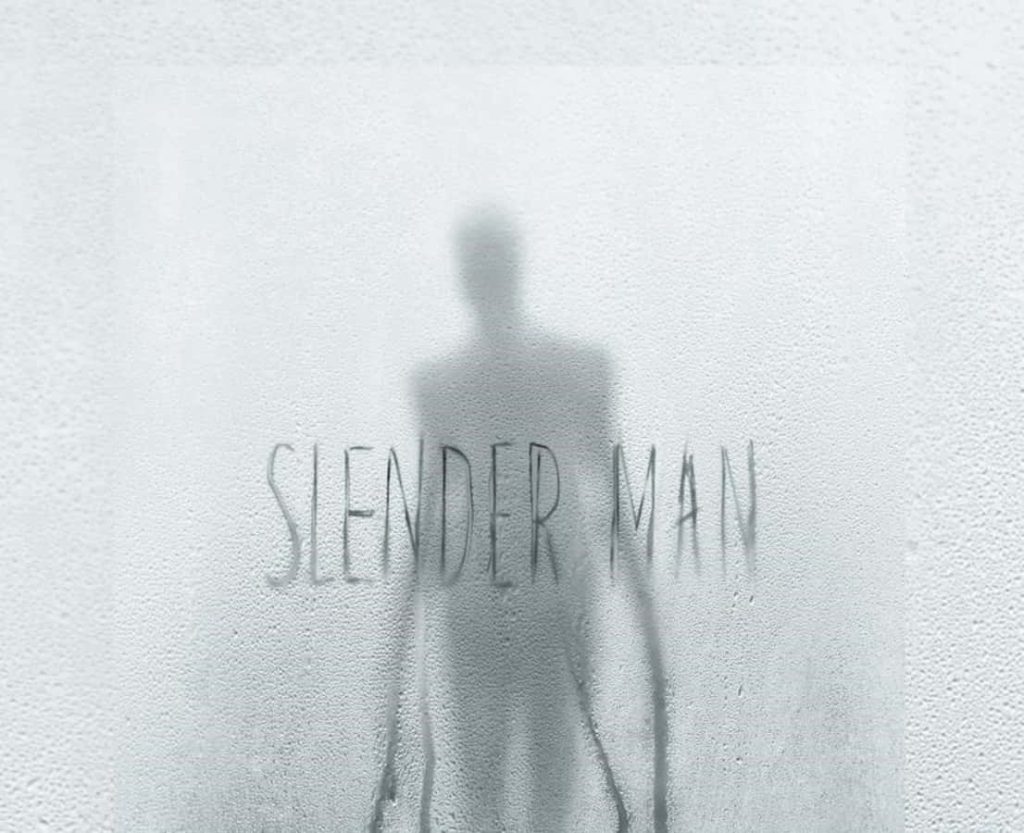 Slender Man silhouette behind frosted glass with water droplets chilling minimalist horror wallpaper