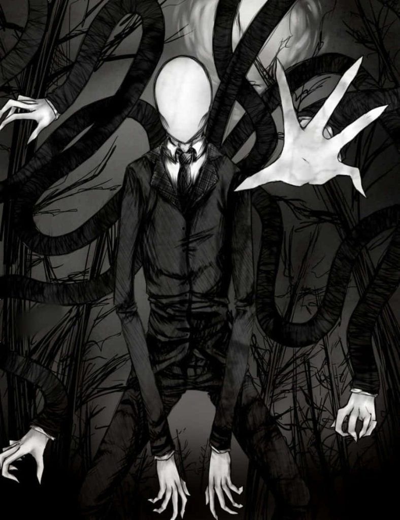 Slender Man lurking in dark twisted forest with branching tentacles eerie horror wallpaper background