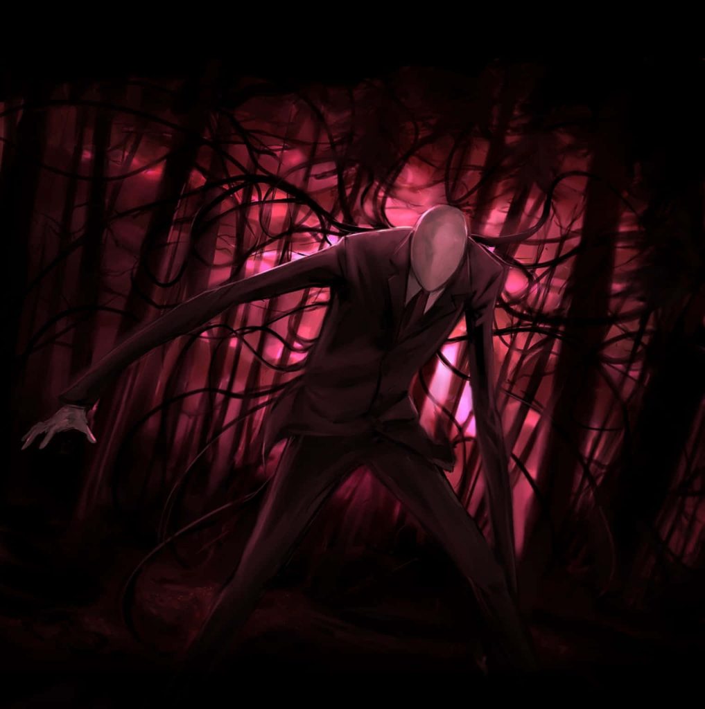 Slender Man in black suit with tentacles glowing pink in dark twisted forest horror wallpaper background
