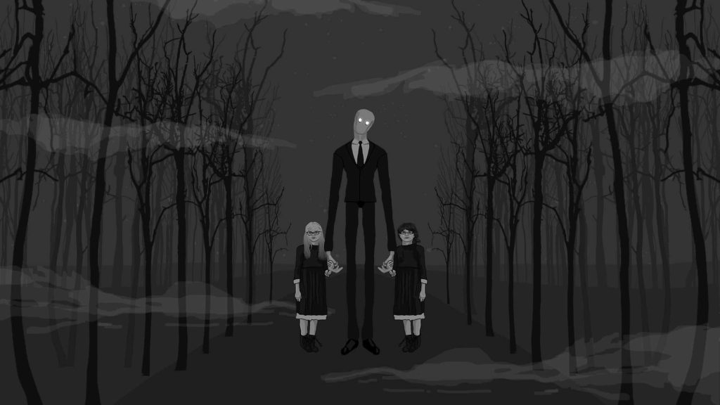 Slender Man with two children in dark misty forest eerie horror digital illustration wallpaper